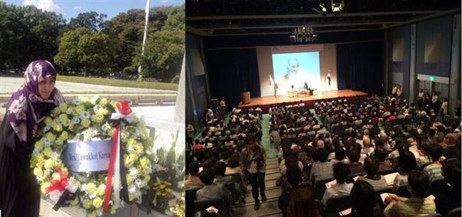 توكل كرمان تضع إكليل من الزهورعلى نصب ضحايا قنبلة هورشيما اليابانية